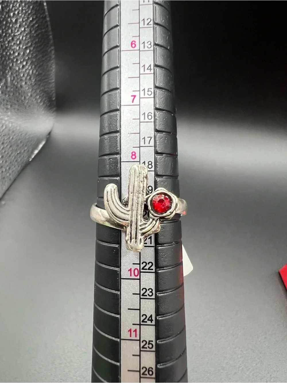 Silver Cactus Ring with Red Zirconia- Women Ring, Size: 9